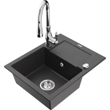 Granitový dřez Mexen Enzo granitový jednoprostorový dřez s odkapávačem a kuchyňskou baterií Savita, černý kropenatý - 6506-76-672601-00 Granitové dřezy s baterií