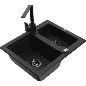 Granitový dřez Mexen Carlos granitový dřez 1,5-komorový s kuchyňskou baterií Rita, černý - 6518-77-670300-70-B Granitové dřezy s baterií