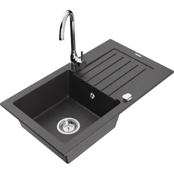 Granitový dřez Mexen Pablo žulový kuchyňský dřez 1-komorový s odkapávačem a kuchyňská baterie Telma, černý skvrnitý - 6510-76-670200-00 Granitové dřezy s baterií