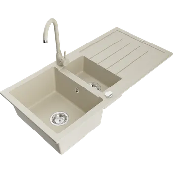 Granitový dřez Mexen Andres žulový dřez 1,5-komorový s odkapávačem a kuchyňskou baterií Telma, béžový - 6515-69-670200-69 Granitové dřezy s baterií