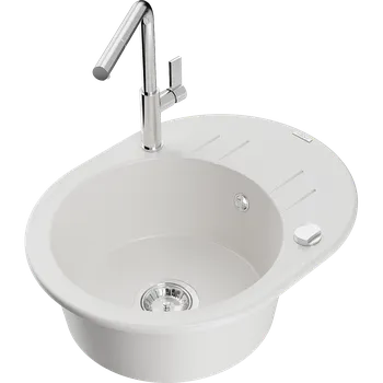 Granitový dřez Mexen Kevin granitový dřez s odkapávačem a kuchyňskou baterií Flora, bílý - 6517-20-670401-00 Granitové dřezy s baterií