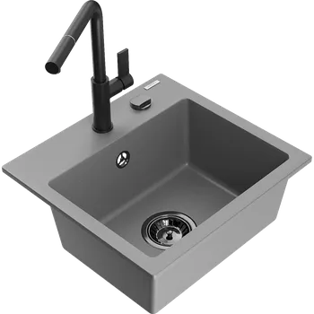 Granitový dřez Mexen Milo kuchyňský dřez granitový 1-komorový s kuchyňskou baterií Flora, šedý - 6505-71-670401-70-B Granitové dřezy s baterií