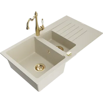 Granitový dřez Mexen Matias granitový dřez 1,5-komorový s odkapávačem a kuchyňskou baterií Carla, béžový - 6502-69-670700-50 Granitové dřezy s baterií