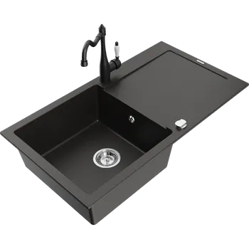 Granitový dřez Mexen Leo granitový dřez s 1 komorou, odkapávačem a kuchyňskou baterií Carla, černý/zlatý metalik - 6501-75-670700-70 Granitové dřezy s baterií