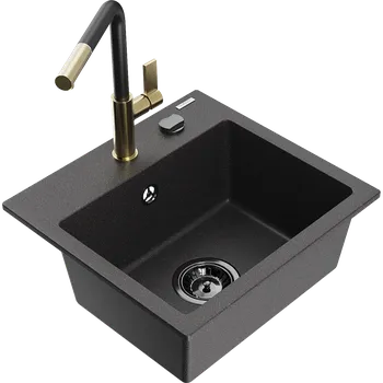 Granitový dřez Mexen Milo granitový dřez s 1 komorou a kuchyňskou baterií Flora, černý skvrnitý - 6505-76-670401-57-B Granitové dřezy s baterií