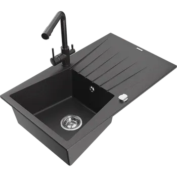 Granitový dřez Mexen Cesar granitový dřez 1-komorový s odkapávačem a kuchyňskou baterií Duero, černý s tečkami - 6514-76-671600-76 Granitové dřezy s baterií