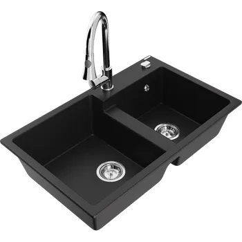 Granitový dřez Mexen Tomas žulový dřez s 2 komorami a kuchyňskou baterií Elia, černý - 6516-77-670101-00 Granitové dřezy s baterií