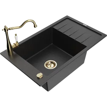 Granitový dřez Mexen Elias granitový dřez s jednou komorou s odkapávačem a kuchyňskou baterií Carla, černý/stříbrný metalik Granitové dřezy s baterií