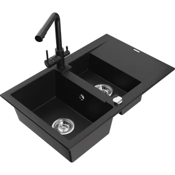 Granitový dřez Mexen Gaspar granitový dřez 1,5komorový s odkapávačem a kuchyňskou baterií Duero, černý - 6507-77-671600-70 Granitové dřezy s baterií
