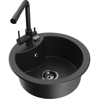 Granitový dřez Mexen Diego granitový dřez 1-komorový s kuchyňskou baterií Duero, černý/stříbrný metalik - 6512-73-671600-70-B Granitové dřezy s baterií