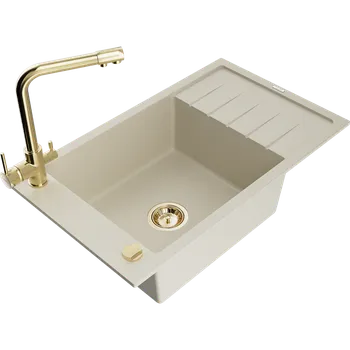 Granitový dřez Mexen Elias granitový dřez 1-komorový s odkapávačem a kuchyňskou baterií Duero, béžový - 6511-69-671600-50 Granitové dřezy s baterií