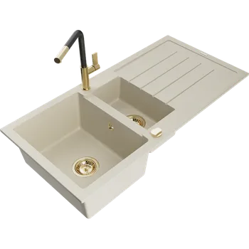 Granitový dřez Mexen Andres žulový dřez 1,5-komorový s odkapávačem a kuchyňskou baterií Flora, béžový - 6515-69-670401-57-G Granitové dřezy s baterií