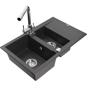 Granitový dřez Mexen Gaspar žulový dřez 1,5-komorový s odkapávačem a kuchyňskou baterií Duero, černý skvrnitý - 6507-76-671600-00 Granitové dřezy s baterií