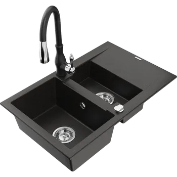 Granitový dřez Mexen Gaspar granitový dřez 1,5-komorový s odkapávačem a kuchyňskou baterií Savita, černý/zlatý - 6507-75-672601-70 Granitové dřezy s baterií