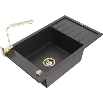 Kuchyňský dřez Mexen Elias granitový dřez 1-komorový s odkapávačem a kuchyňskou baterií Rita, černý skvrnitý - 6511-76-670300-50 Granitové dřezy s baterií