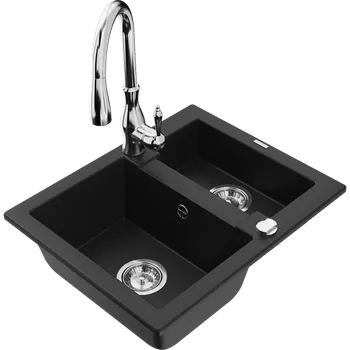 Granitový dřez Mexen Carlos granitový dřez 1,5-komorový s kuchyňskou baterií Savita, černý - 6518-77-672601-00 Granitové dřezy s baterií