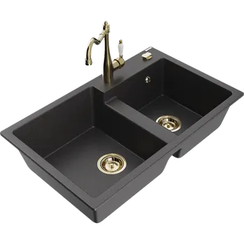 Granitový dřez Mexen Tomas dřez granitový 2-komorový s kuchyňskou baterií Carla, černý skvrnitý - 6516-76-670700-50 Granitové dřezy s baterií