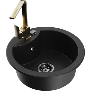 Granitový dřez Mexen Diego granitový kuchyňský dřez 1-komorový s kuchyňskou baterií Rita, černý - 6512-77-670300-50-B Granitové dřezy s baterií