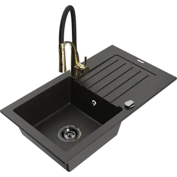 Granitový dřez Mexen Pablo granitový dřez s 1 komorou, odkapávačem a kuchyňskou baterií Aster, černý/zlatý metalik - 6510-75-73450-57-B Granitové dřezy s baterií