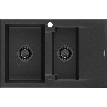 Granitový dřez Mexen Gaspar dřez žulový 1,5-komorový s odkapávačem 737 x 475 mm černý/stříbrný metalický, sifon černý - 6507731505-73-B Granitové dřezy