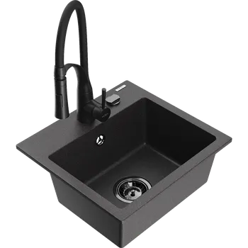 Granitový dřez Mexen Milo granitový dřez 1-komorový s kuchyňskou baterií Aster, černý s tečkami - 6505-76-73450-70-B Granitové dřezy s baterií