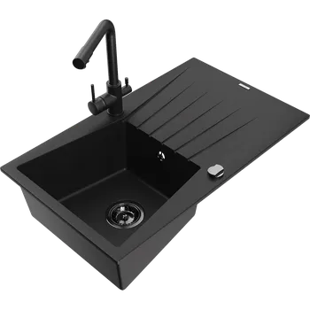Granitový dřez Mexen Cesar granitový dřez 1-komorový s odkapávačem a kuchyňskou baterií Duero, černý - 6514-77-671600-70-B Granitové dřezy s baterií