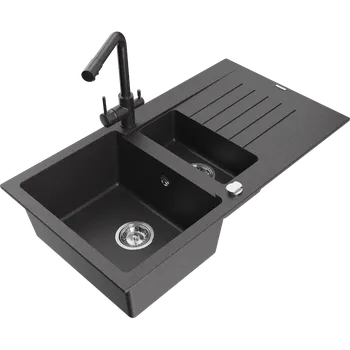 Granitový dřez Mexen Matias granitový dřez 1,5-komorový s odkapávačem a kuchyňskou baterií Duero, černý skvrnitý - 6502-76-671600-76 Granitové dřezy s baterií