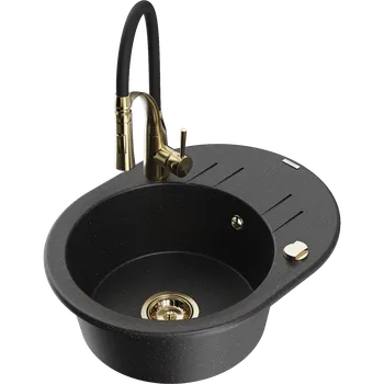 Granitový dřez Mexen Kevin granitový dřez 1-komorový s odkapávačem a kuchyňskou baterií Aster, černá/stříbrná metalíza - 6517-73-73450-57-G Granitové dřezy s baterií