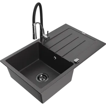Granitový dřez Mexen Bruno granitový dřez 1-komorový s odkapávačem a kuchyňskou baterií Aster, černý skvrnitý - 6513-76-73450-07-B Granitové dřezy s baterií
