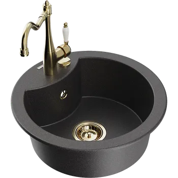 Granitový dřez Mexen Diego granitový dřez 1komorový s kuchyňskou baterií Carla, černý skvrnitý - 6512-76-670700-50 Granitové dřezy s baterií