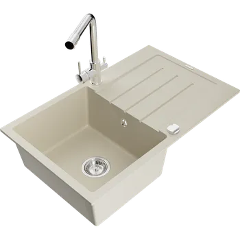 Granitový dřez Mexen Bruno granitový dřez s odkapávačem a kuchyňskou baterií Duero, béžový - 6513-69-671600-00 Granitové dřezy s baterií
