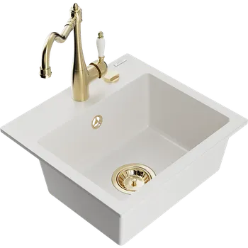 Granitový dřez Mexen Milo granitový dřez jednokomorový s kuchyňskou baterií Carla, bílý - 6505-20-670700-50 Granitové dřezy s baterií