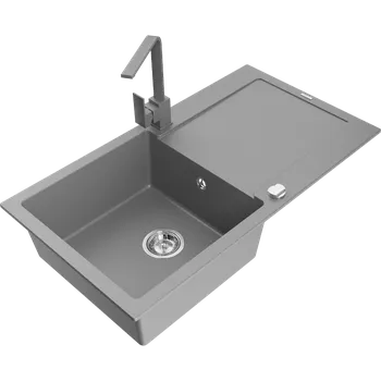 Granitový dřez Mexen Leo granitový dřez 1-komorový s odkapávačem a kuchyňskou baterií Rita, šedý - 6501-71-670300-71 Granitové dřezy s baterií