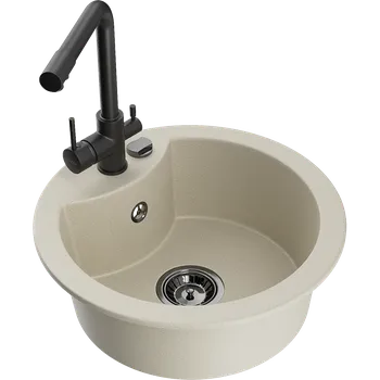 Granitový dřez Mexen Diego granitový dřez s jednou komorou a kuchyňskou baterií Duero, béžový - 6512-69-671600-70 Granitové dřezy s baterií