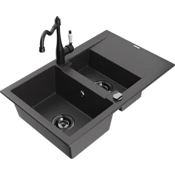 Granitový dřez Mexen Gaspar granitový dřez 1,5-komorový s odkapávačem a kuchyňskou baterií Carla, černý skvrnitý - 6507-76-670700-70-B Granitové dřezy s baterií