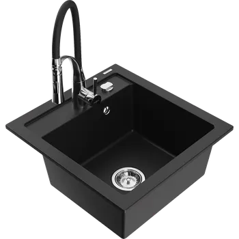 Granitový dřez Mexen Vito granitový dřez 1-komorový s kuchyňskou baterií Aster, černý - 6503-77-73450-07 Granitové dřezy s baterií