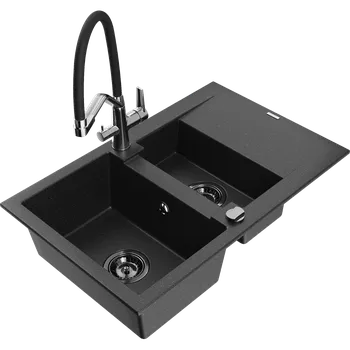 Granitový dřez Mexen Gaspar granitový dřez 1,5-komorový s odkapávačem a kuchyňskou baterií Duo, černý/stříbrný - 6507-73-671701-07-B Granitové dřezy s baterií