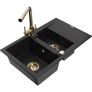 Granitový dřez Mexen Gaspar granitový dřez 1,5-komorový s odkapávačem a kuchyňskou baterií Duero, černý - 6507-77-671600-50 Granitové dřezy s baterií