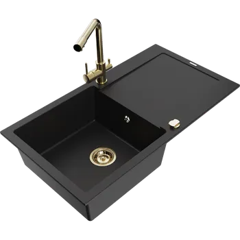 Granitový dřez Mexen Leo granitový dřez 1-komorový s odkapávačem a kuchyňskou baterií Duero, černý - 6501-77-671600-50 Granitové dřezy s baterií