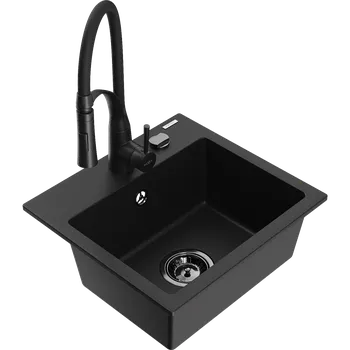 Granitový dřez Mexen Milo granitový dřez 1-komorový s kuchyňskou baterií Aster, černý - 6505-77-73450-70-B Granitové dřezy s baterií