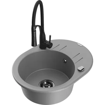 Granitový dřez Mexen Kevin granitový kuchyňský dřez 1-komorový s odkapávačem a kuchyňskou baterií Aster, šedý - 6517-71-73450-70-B Granitové dřezy s baterií