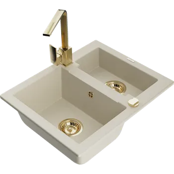 Granitový dřez Mexen Carlos granitový dřez 1,5-komorový s kuchyňskou baterií Rita, béžový - 6518-69-670300-50 Granitové dřezy s baterií