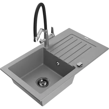 Granitový dřez Mexen Pablo granitový jednodřez s odkapávačem a kuchyňskou baterií Duo, šedý - 6510-71-671701-07-B Granitové dřezy s baterií