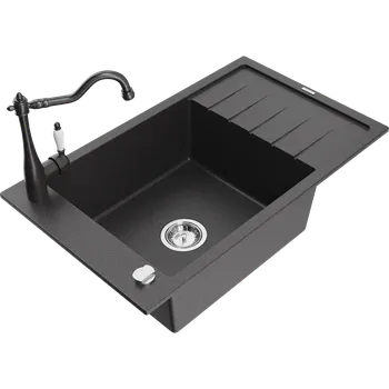 Granitový dřez Mexen Elias granitový dřez 1-komorový s odkapávačem a kuchyňskou baterií Carla, černý s tečkami - 6511-76-670700-76 Granitové dřezy s baterií