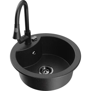 Granitový dřez Mexen Diego granitový dřez 1-komorový s kuchyňskou baterií Elia, černý/stříbrný metalík - 6512-73-670101-70-B Granitové dřezy s baterií