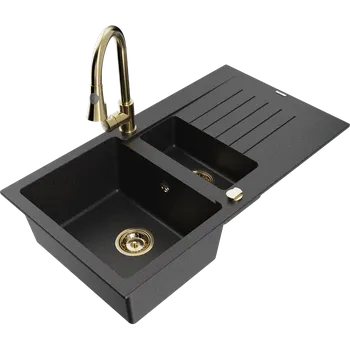 Granitový dřez Mexen Matias granitový dřez 1,5-komorový s odkapávačem a kuchyňskou baterií Elia, černý/stříbrný metalik - 6502-73-670101-50 Granitové dřezy s baterií