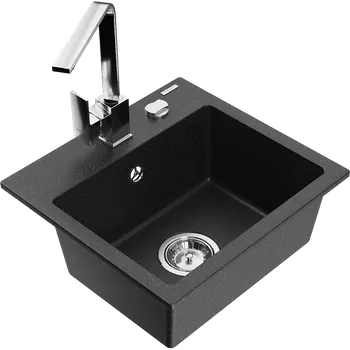 Granitový dřez Mexen Milo granitový dřez 1-komorový s kuchyňskou baterií Rita, černý/stříbrný metalik - 6505-73-670300-00 Granitové dřezy s baterií