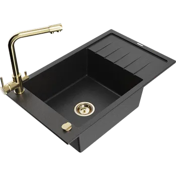 Granitový dřez Mexen Elias granitový dřez s 1-komorou, odkapávačem a kuchyňskou baterií Duero, černý/stříbrný metalik - 6511-73-671600-50 Granitové dřezy s baterií