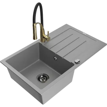 Granitový dřez Mexen Bruno granitový kuchyňský dřez s jednou komorou, odkapávačem a kuchyňskou baterií Aster, šedý - 6513-71-73450-57-B Granitové dřezy s baterií