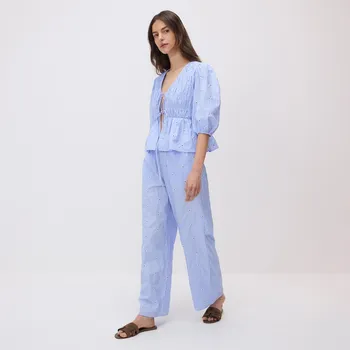 Reserved - Kalhoty s ozdobnou výšivkou - bleděmodrá - 909GX-05X - 909GX-05X-S